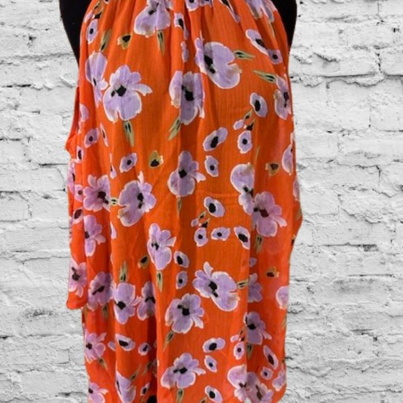 Bright Orange Red Floral Print Top - Picture 1 of 8